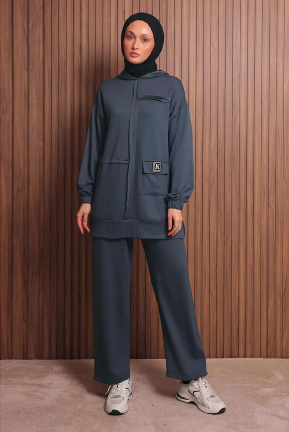 Tesettür giyim GRİ KAPÜŞONLU PANTOLONLU TAKIM T 3017
