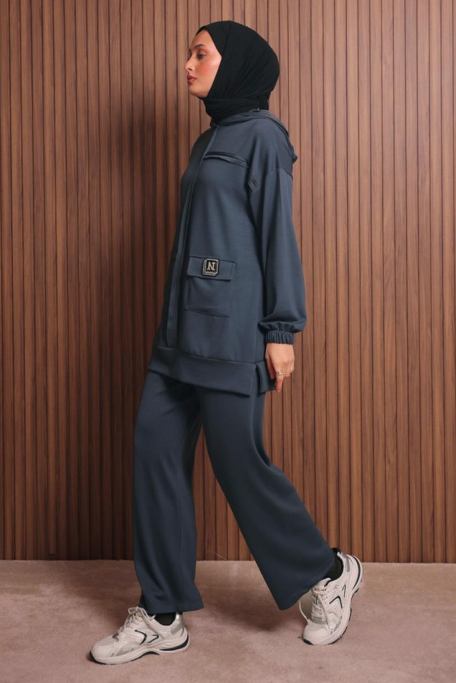 Tesettür giyim GRİ KAPÜŞONLU PANTOLONLU TAKIM T 3017