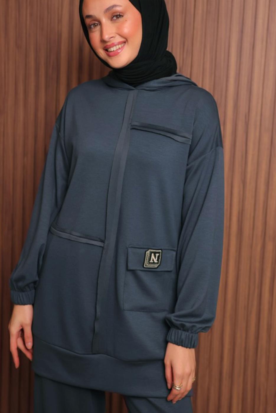 Tesettür giyim GRİ KAPÜŞONLU PANTOLONLU TAKIM T 3017