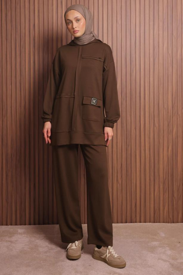 Tesettür giyim KAHVE KAPÜŞONLU PANTOLONLU TAKIM T 3017 - TRENDTESETTÜR