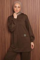 Tesettür giyim KAHVE KAPÜŞONLU PANTOLONLU TAKIM T 3017