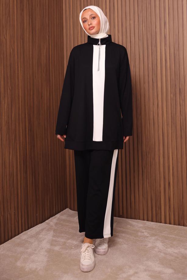 Hijab clothing BLACK STRIPED PANTSUIT T 3035 - TRENDTESETTÜR