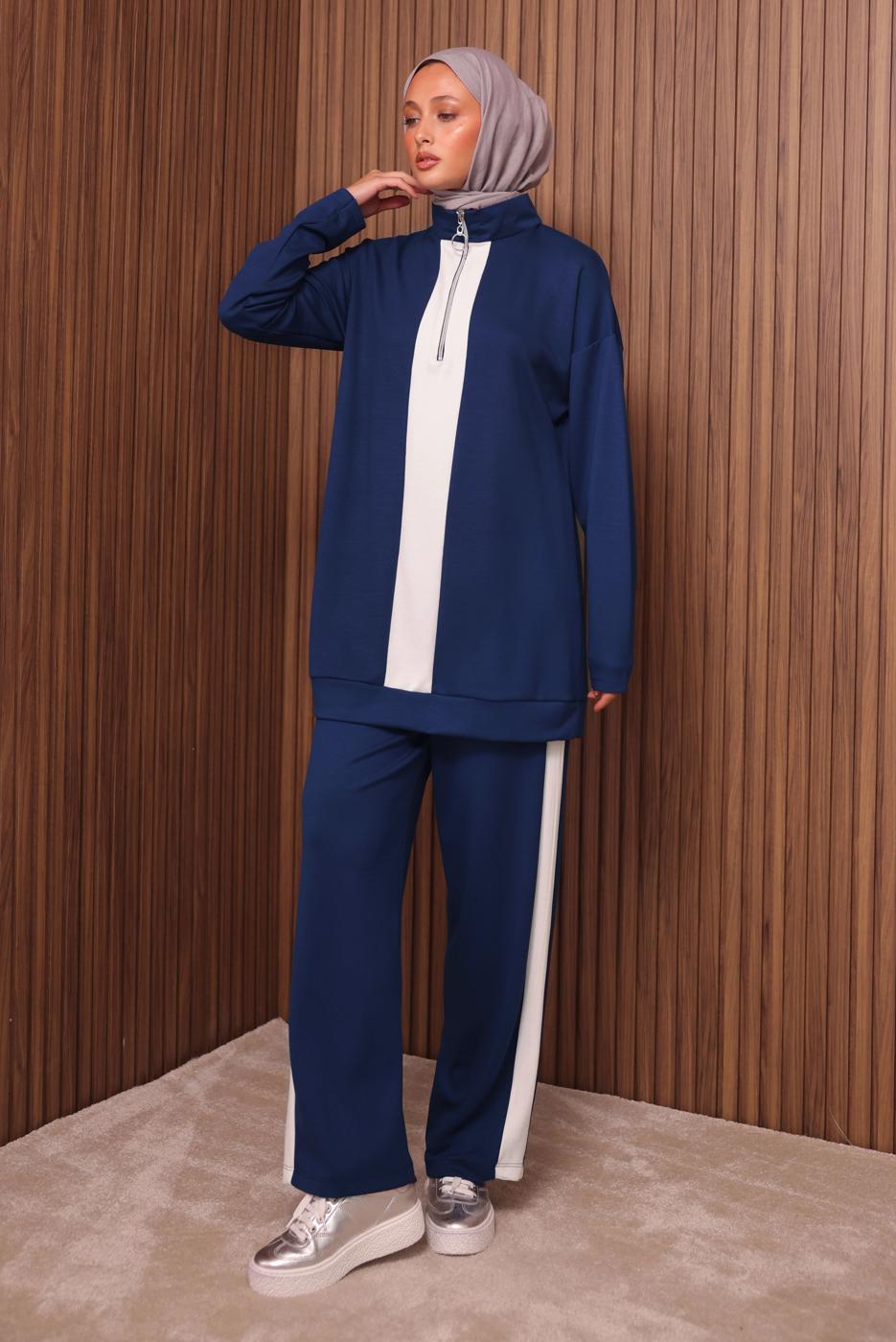 Tesettür giyim LACİVERT ŞERİT DETAYLI PANTOLONLU TAKIM T 3035