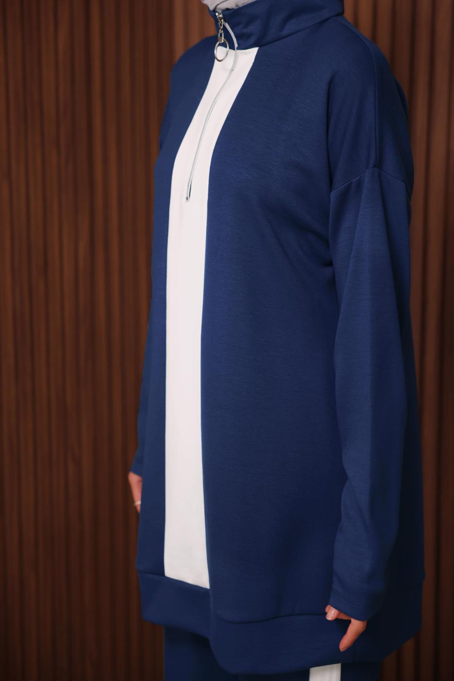 Tesettür giyim LACİVERT ŞERİT DETAYLI PANTOLONLU TAKIM T 3035