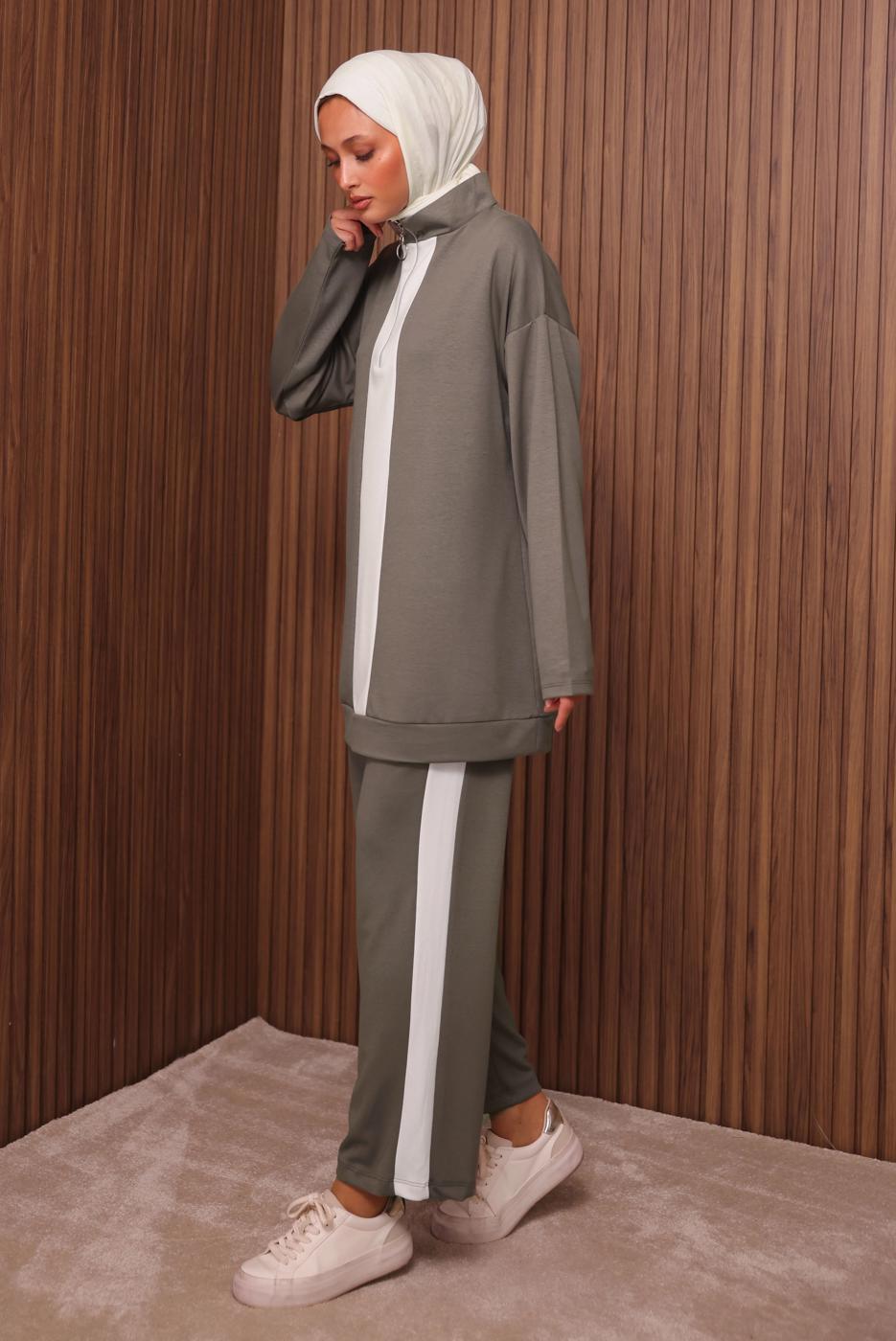 Tesettür giyim VİZON ŞERİT DETAYLI PANTOLONLU TAKIM T 3035