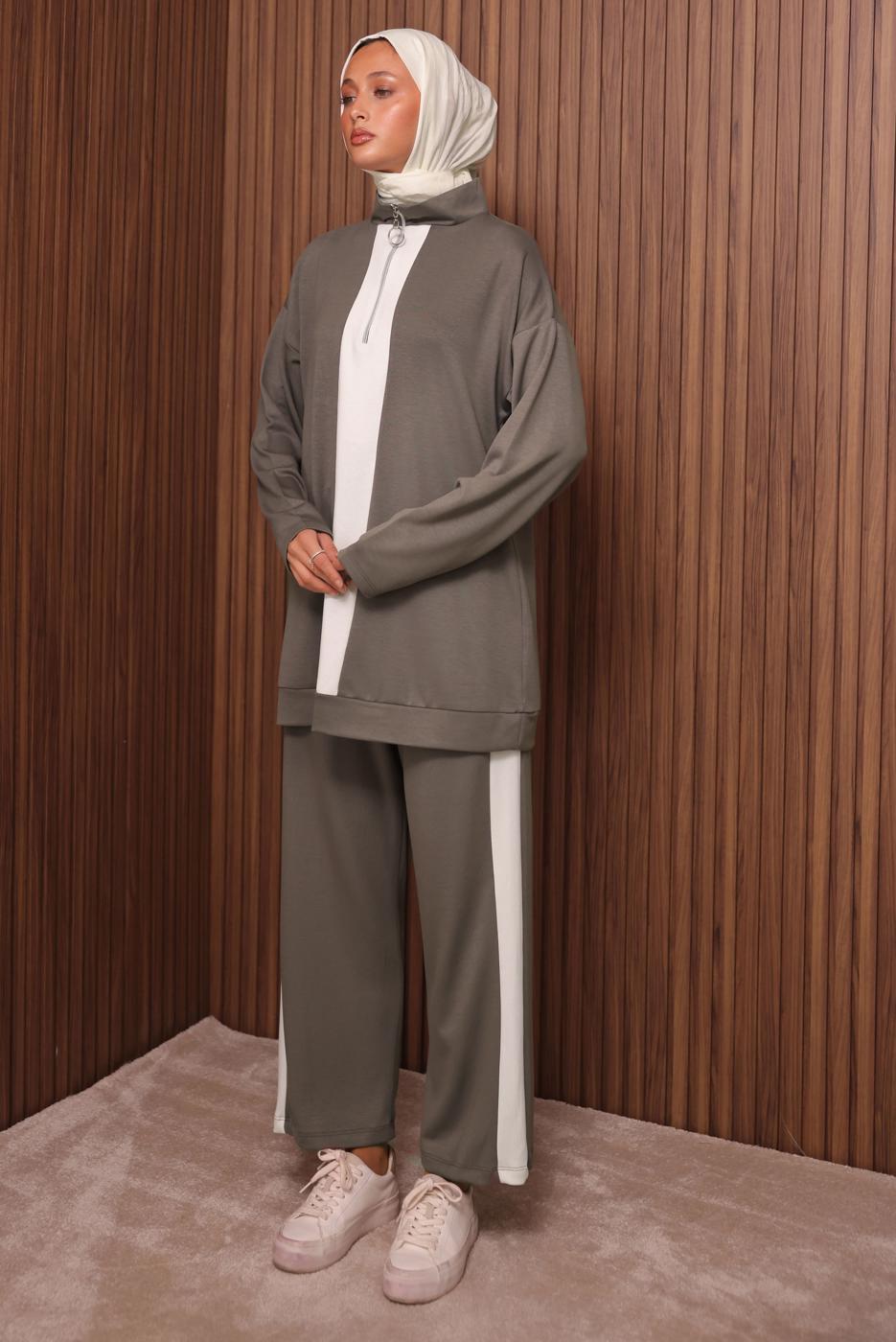 Tesettür giyim VİZON ŞERİT DETAYLI PANTOLONLU TAKIM T 3035