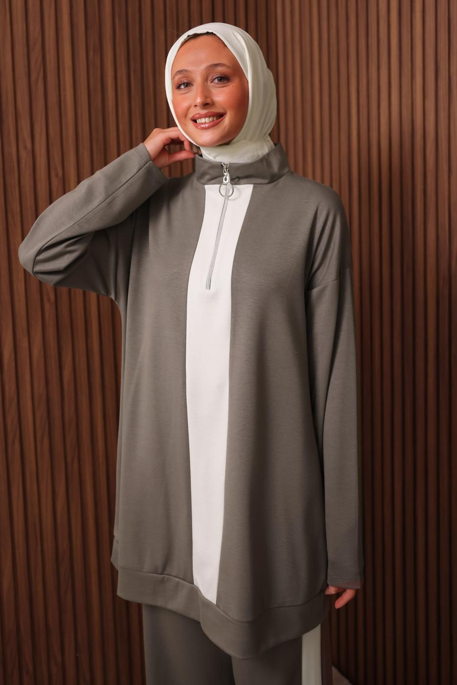 Tesettür giyim VİZON ŞERİT DETAYLI PANTOLONLU TAKIM T 3035