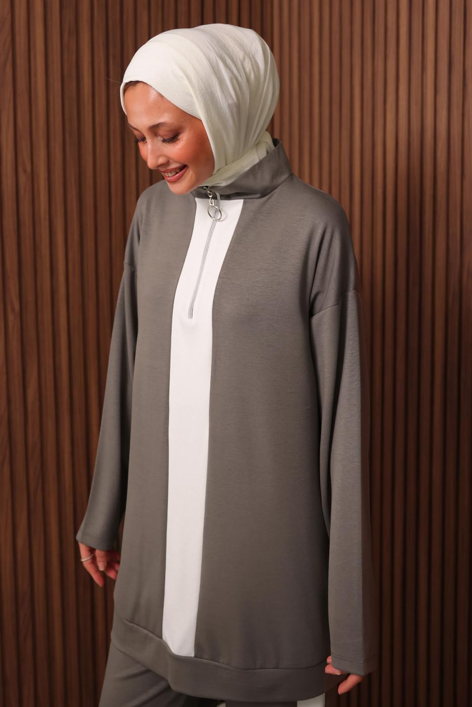 Tesettür giyim VİZON ŞERİT DETAYLI PANTOLONLU TAKIM T 3035