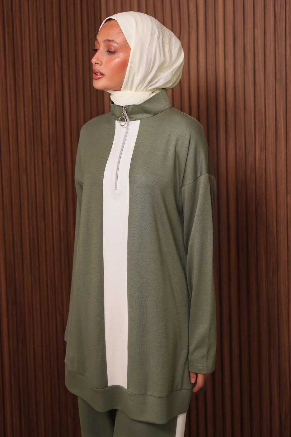 Tesettür giyim YEŞİL ŞERİT DETAYLI PANTOLONLU TAKIM T 3035