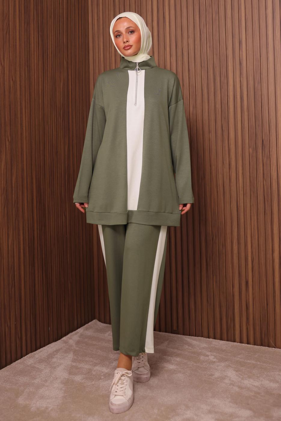 Tesettür giyim YEŞİL ŞERİT DETAYLI PANTOLONLU TAKIM T 3035