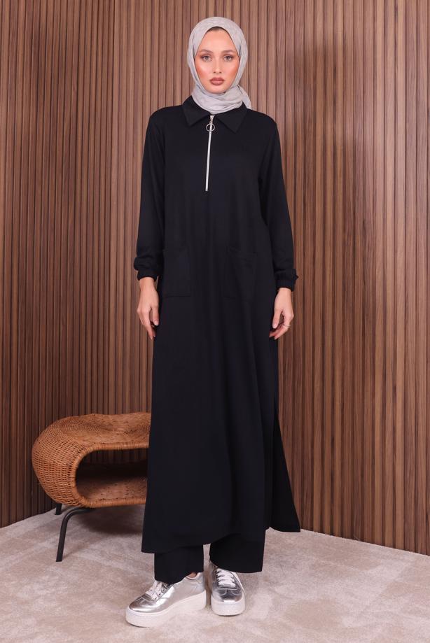Hijab clothing BLACK ZIPPERED PANTSUIT T 3135 - TRENDTESETTÜR