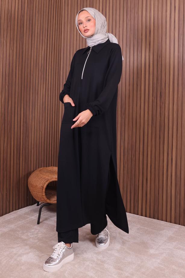 Hijab clothing BLACK ZIPPERED PANTSUIT T 3135 - TRENDTESETTÜR
