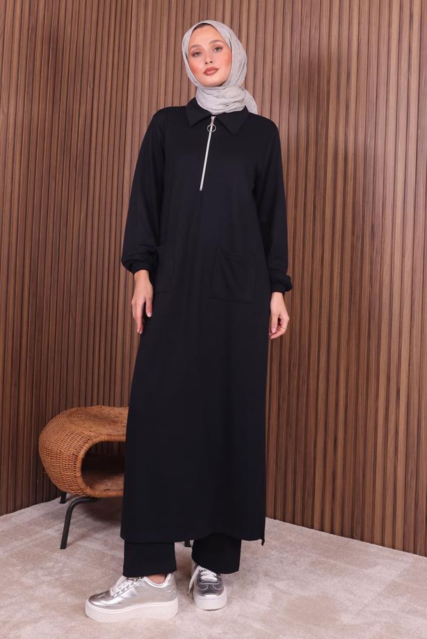 Hijab clothing BLACK ZIPPERED PANTSUIT T 3135 - TRENDTESETTÜR