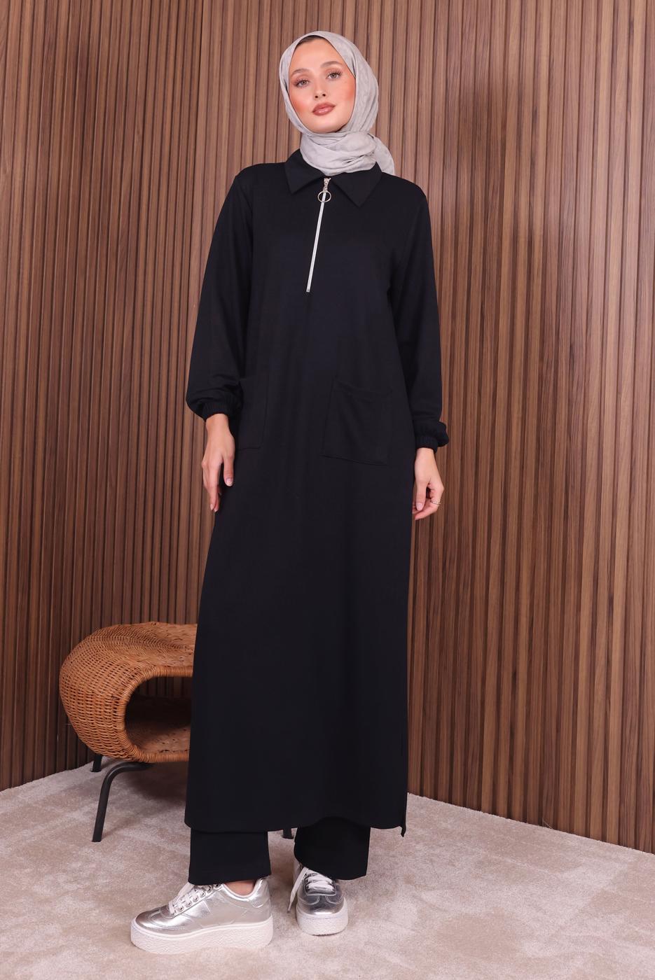 Tesettür giyim SİYAH PANTOLONLU FERMUARLI TAKIM T 3135