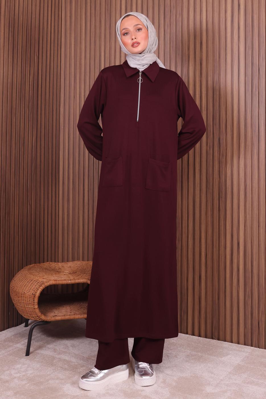 Tesettür giyim BORDO PANTOLONLU FERMUARLI TAKIM T 3135