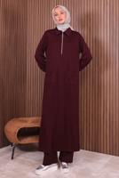 Tesettür giyim BORDO PANTOLONLU FERMUARLI TAKIM T 3135