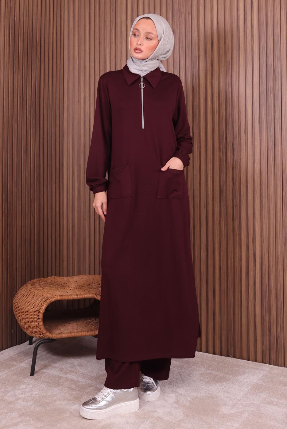 Tesettür giyim BORDO PANTOLONLU FERMUARLI TAKIM T 3135