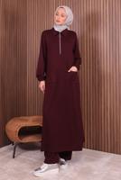Tesettür giyim BORDO PANTOLONLU FERMUARLI TAKIM T 3135