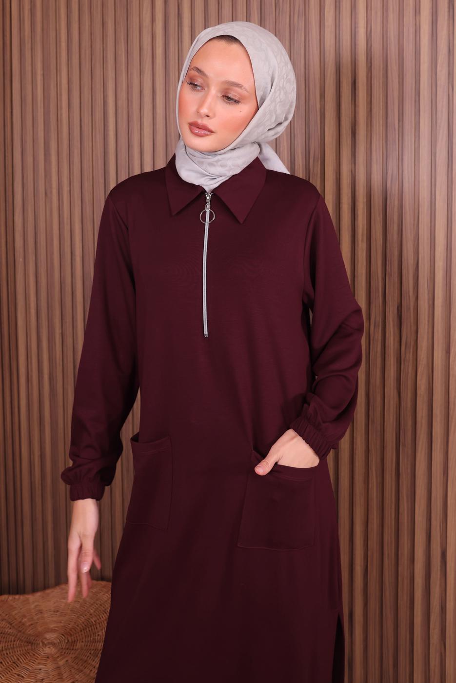 Tesettür giyim BORDO PANTOLONLU FERMUARLI TAKIM T 3135