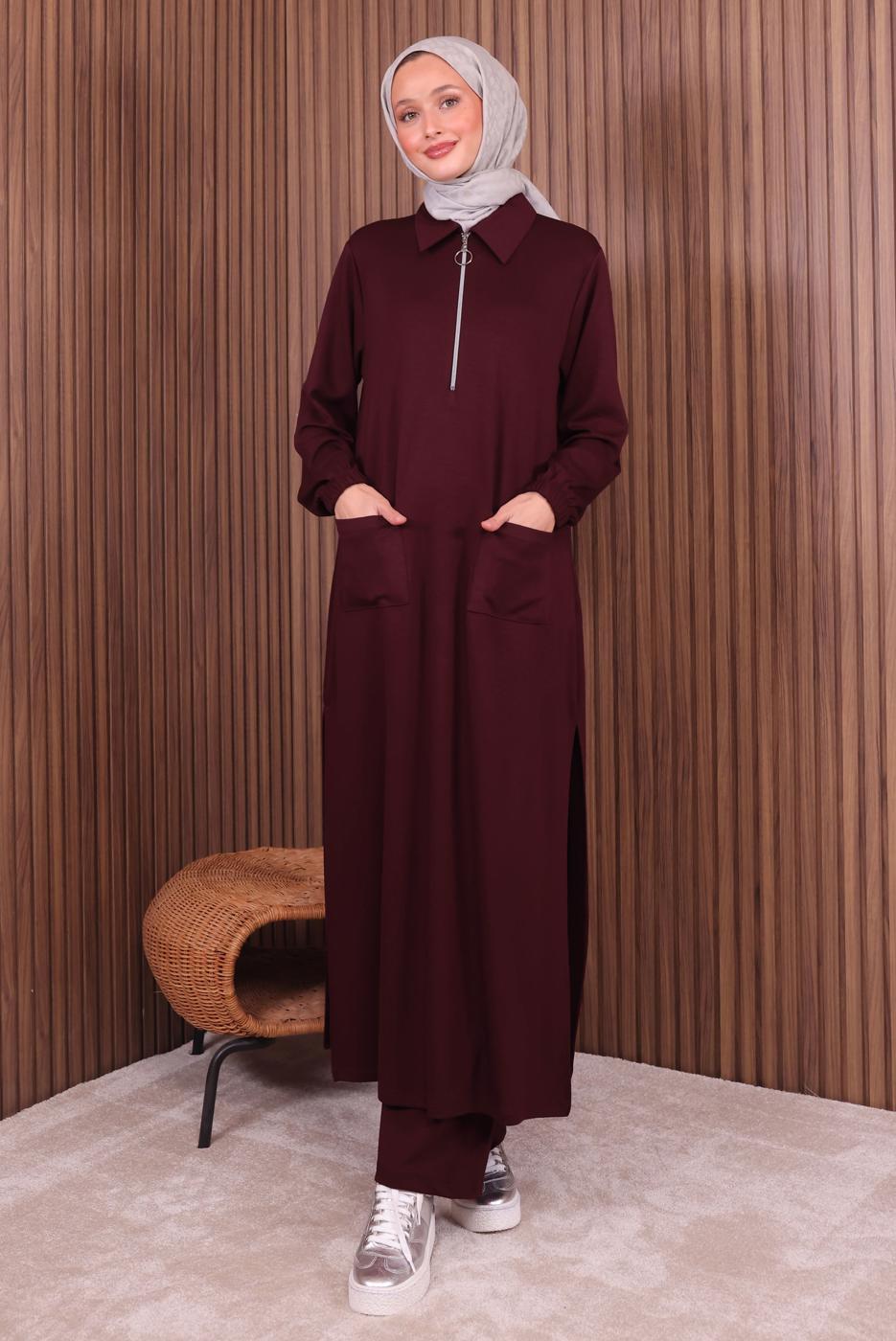 Tesettür giyim BORDO PANTOLONLU FERMUARLI TAKIM T 3135