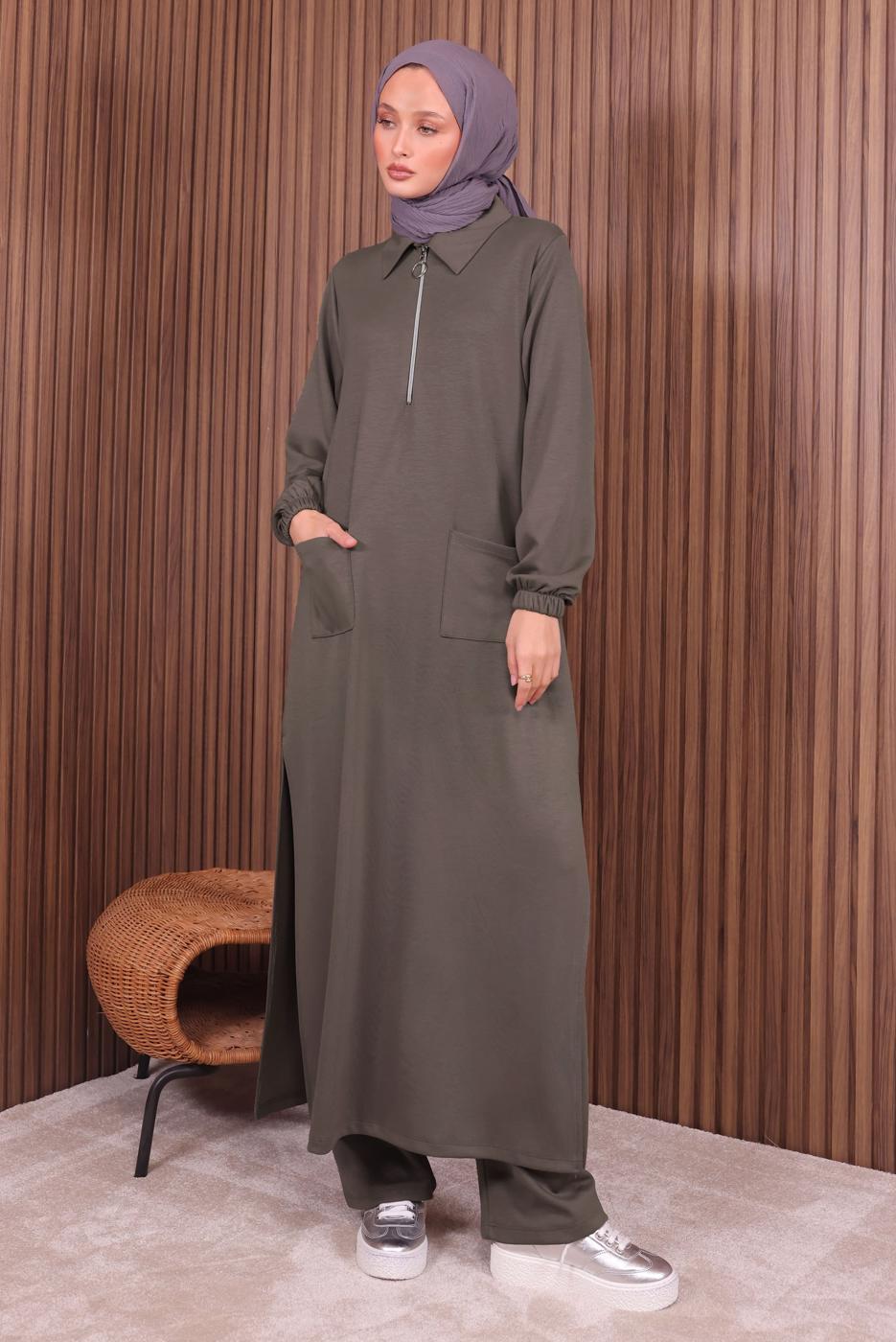 Tesettür giyim VİZON PANTOLONLU FERMUARLI TAKIM T 3135