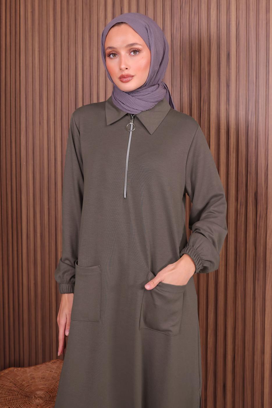 Tesettür giyim VİZON PANTOLONLU FERMUARLI TAKIM T 3135