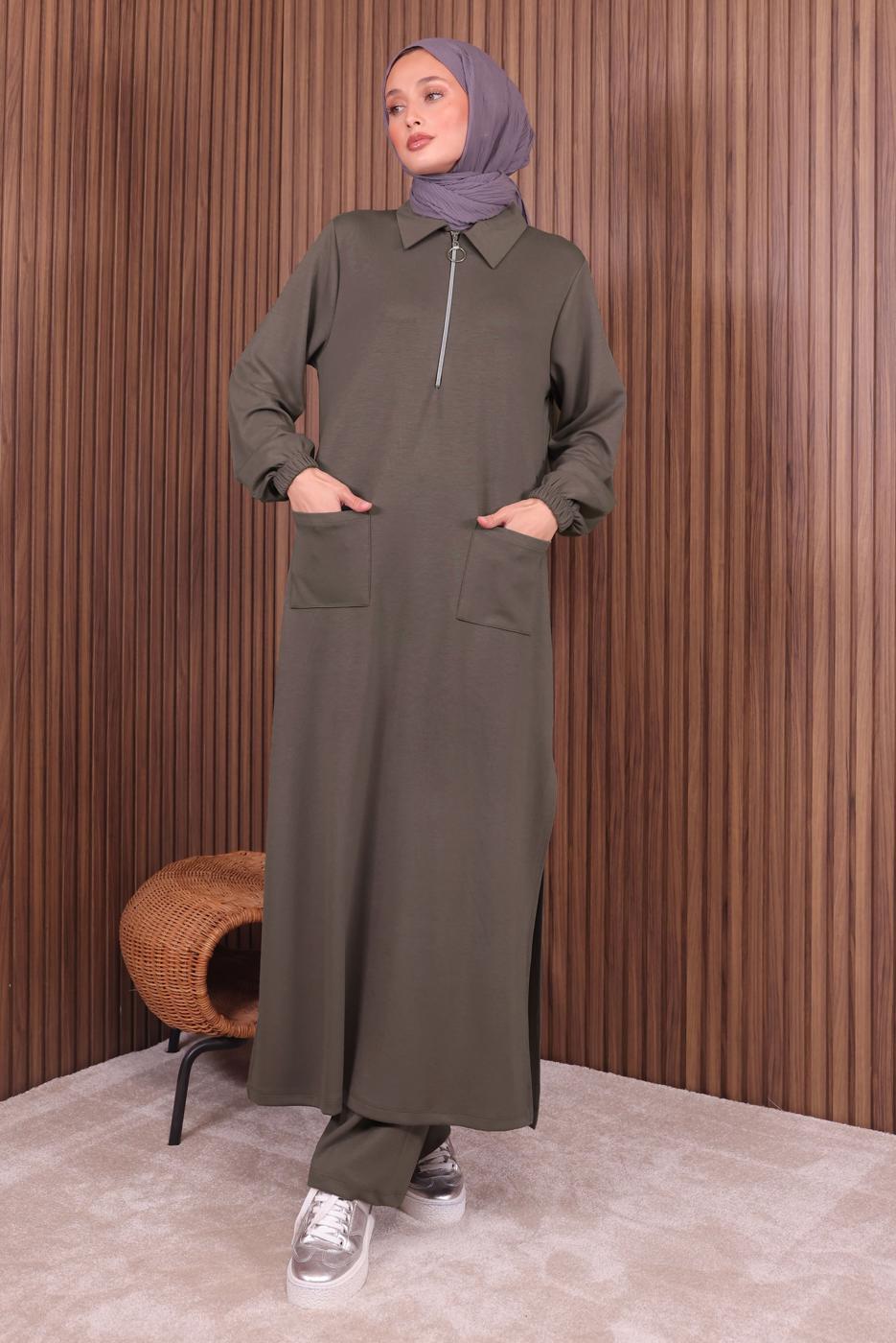 Tesettür giyim VİZON PANTOLONLU FERMUARLI TAKIM T 3135