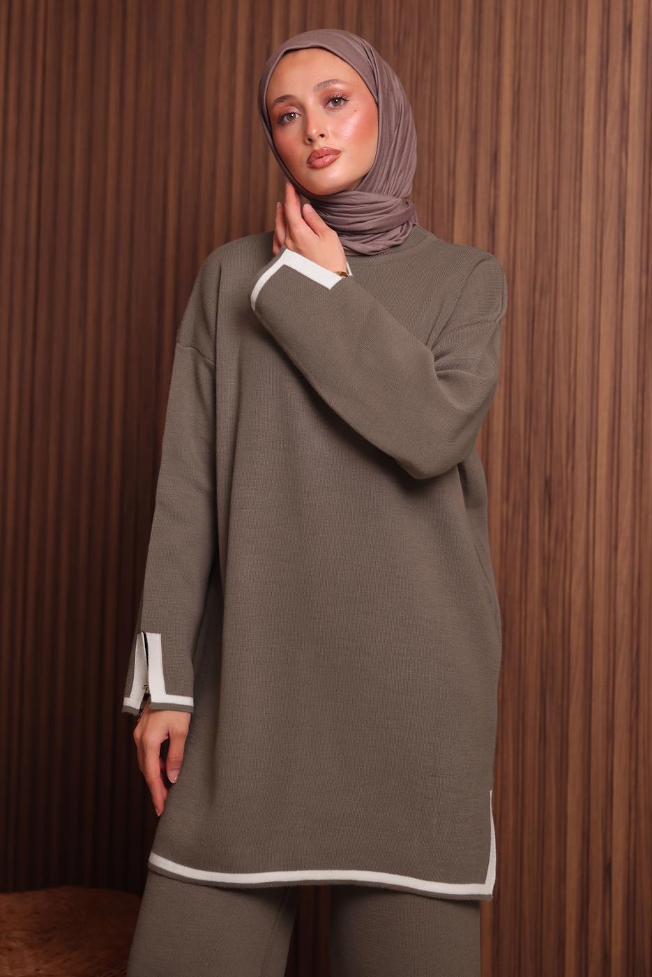 Tesettür giyim KAHVE PANTOLONLU TRİKO TAKIM T 3207