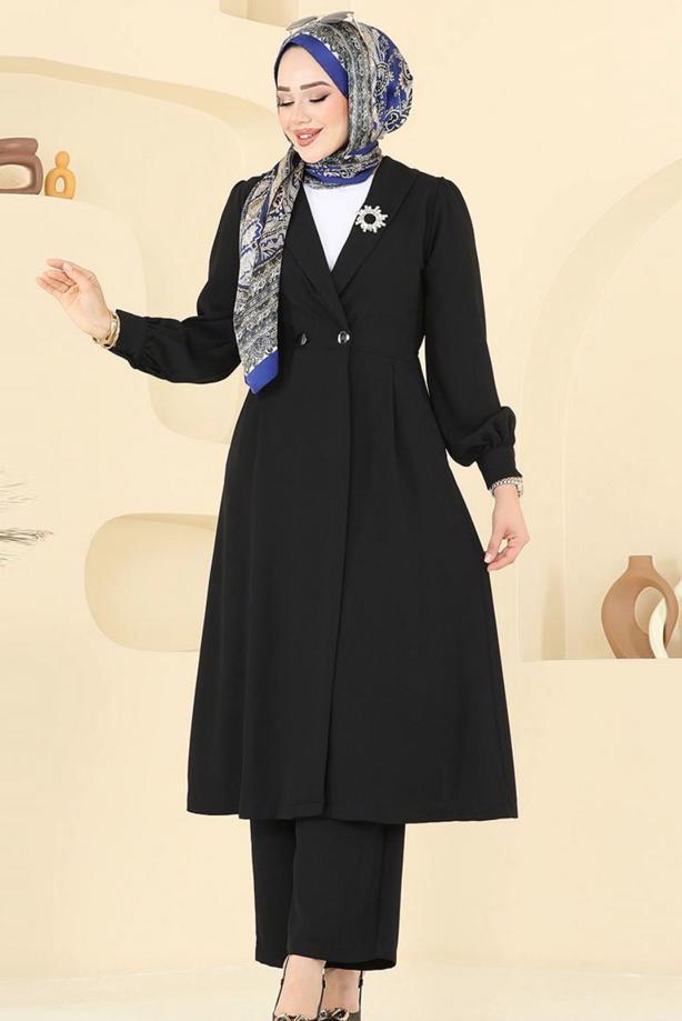 Tesettür giyim SİYAH KRUVAZE YAKA PANTOLONLU TAKIM T 3226 - TRENDTESETTÜR