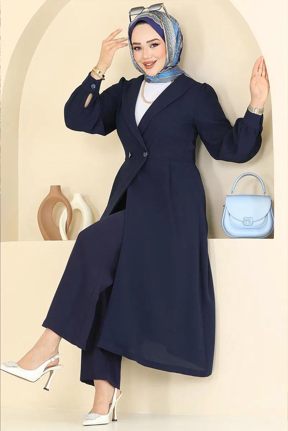 Tesettür giyim LACİVERT KRUVAZE YAKA PANTOLONLU TAKIM T 3226