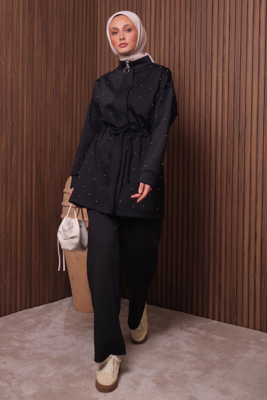 Tesettür giyim SİYAH PANTOLONLU TAKIM T 3235