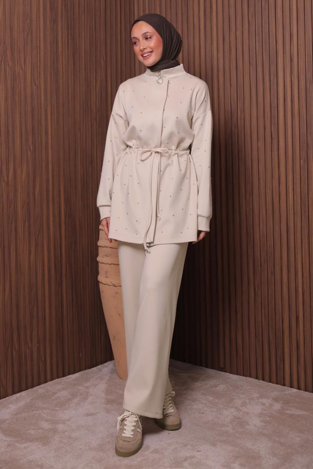 Tesettür giyim BEJ PANTOLONLU TAKIM T 3235 - TRENDTESETTÜR