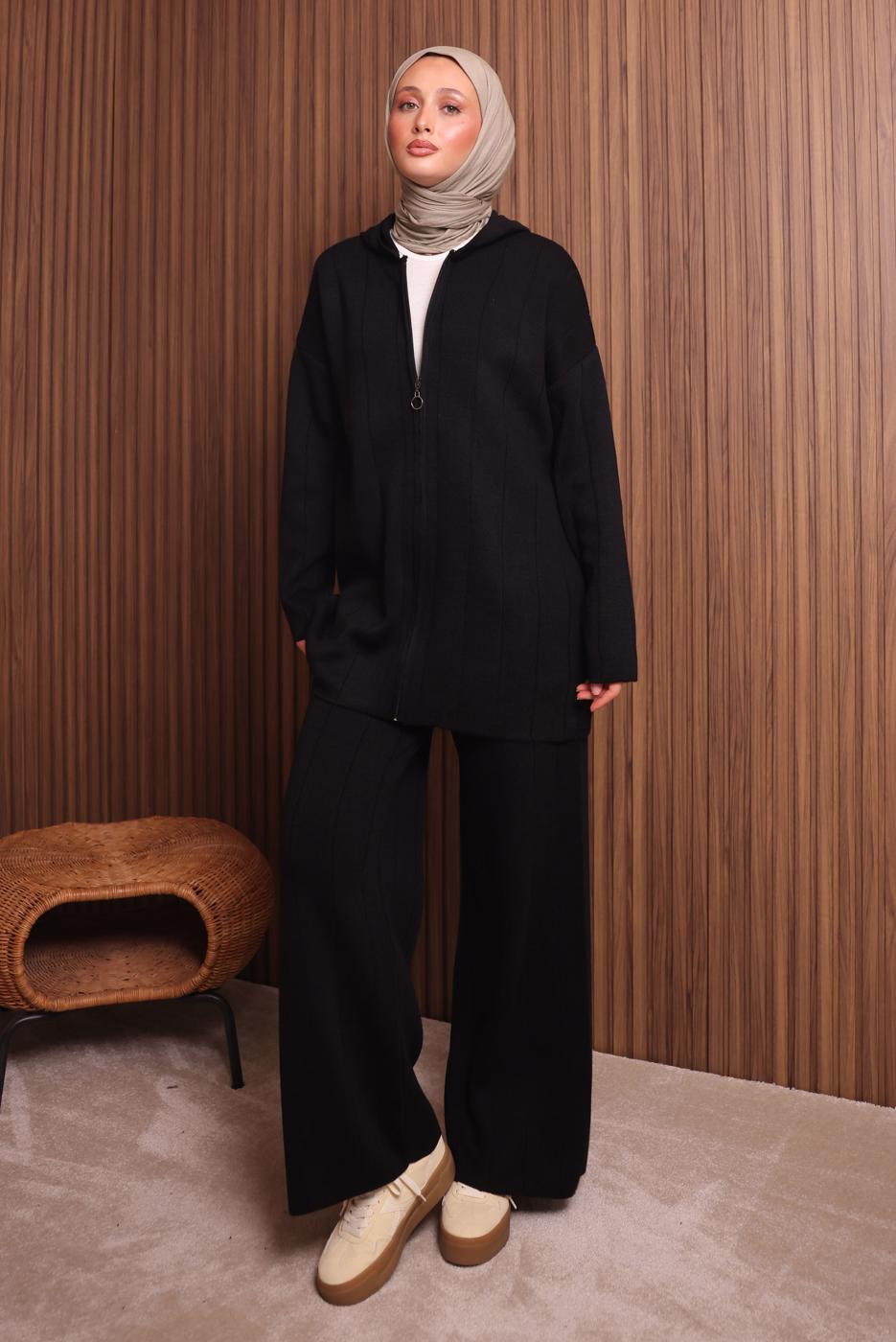 Tesettür giyim SİYAH KAPÜŞONLU PANTOLONLU TRİKO TAKIM T 3307