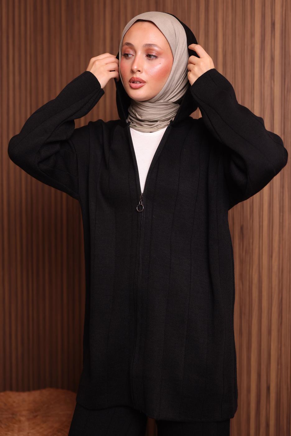 Tesettür giyim SİYAH KAPÜŞONLU PANTOLONLU TRİKO TAKIM T 3307
