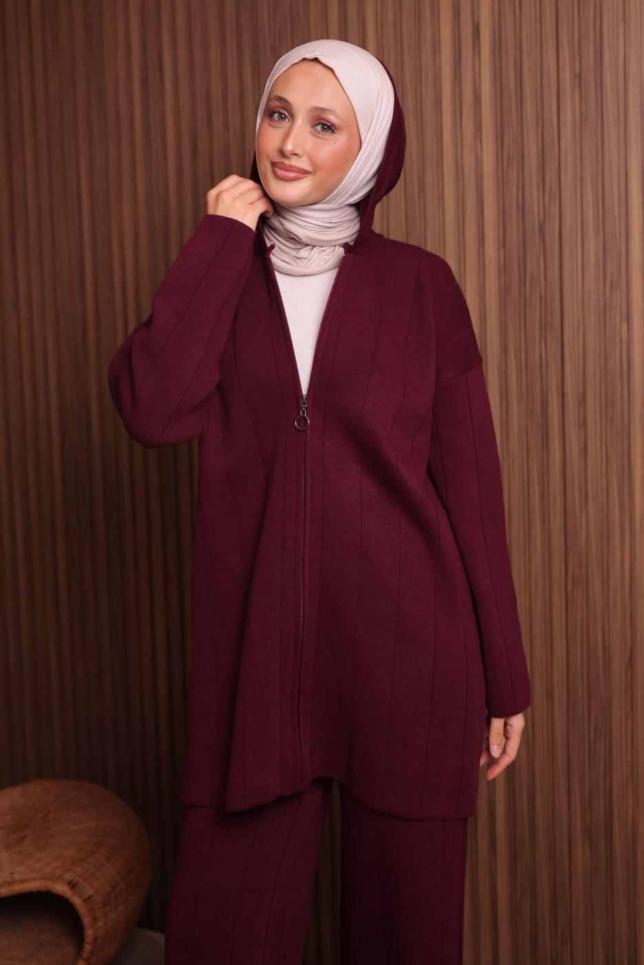 Tesettür giyim BORDO KAPÜŞONLU PANTOLONLU TRİKO TAKIM T 3307