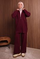 Tesettür giyim BORDO KAPÜŞONLU PANTOLONLU TRİKO TAKIM T 3307