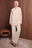 Tesettür giyim EKRU KAPÜŞONLU PANTOLONLU TRİKO TAKIM T 3307