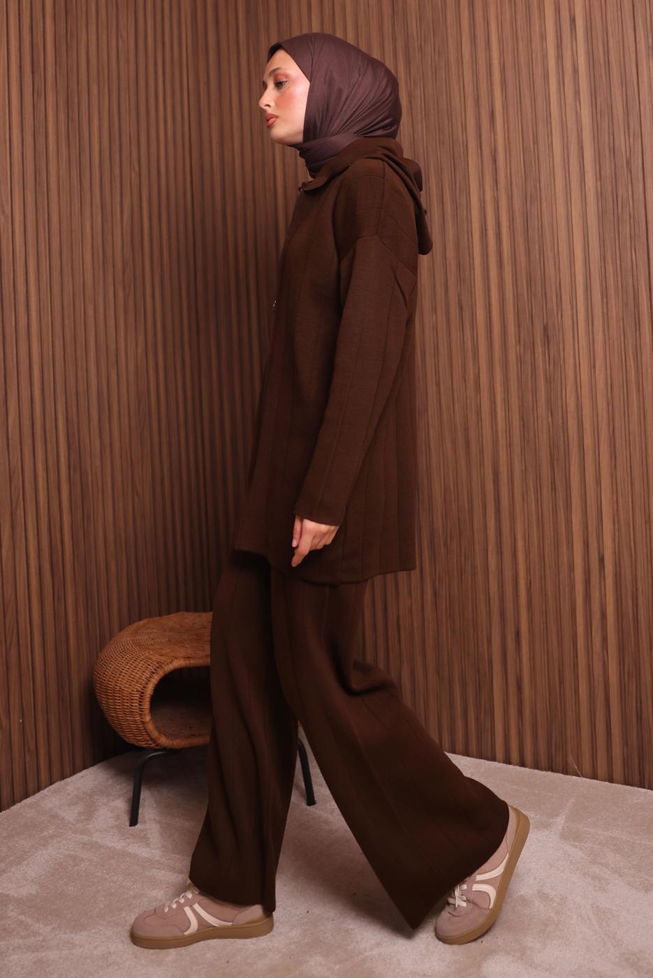 Tesettür giyim KAHVE KAPÜŞONLU PANTOLONLU TRİKO TAKIM T 3307
