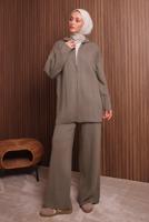 Tesettür giyim VİZON KAPÜŞONLU PANTOLONLU TRİKO TAKIM T 3307