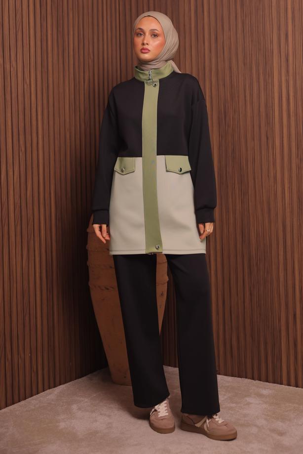 Tesettür giyim SİYAH PANTOLONLU SCUBA ÖRME TAKIM T 3435 - TRENDTESETTÜR