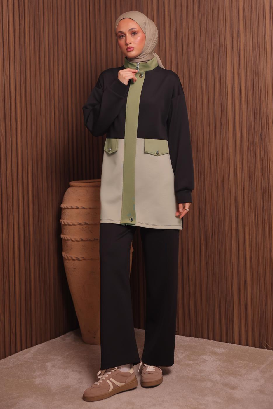 Tesettür giyim SİYAH PANTOLONLU SCUBA ÖRME TAKIM T 3435