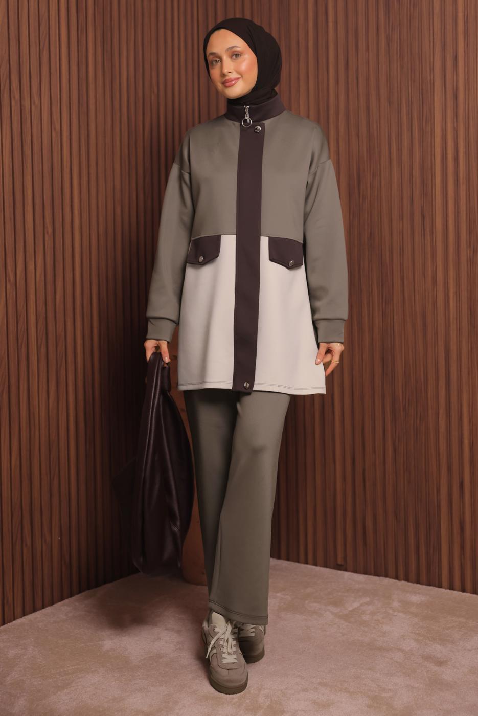 Tesettür giyim KAHVE PANTOLONLU SCUBA ÖRME TAKIM T 3435
