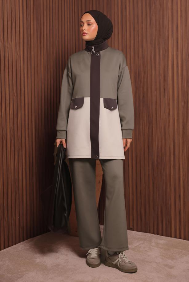 Tesettür giyim KAHVE PANTOLONLU SCUBA ÖRME TAKIM T 3435 - TRENDTESETTÜR