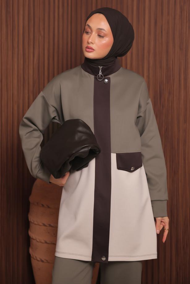 Tesettür giyim KAHVE PANTOLONLU SCUBA ÖRME TAKIM T 3435 - TRENDTESETTÜR