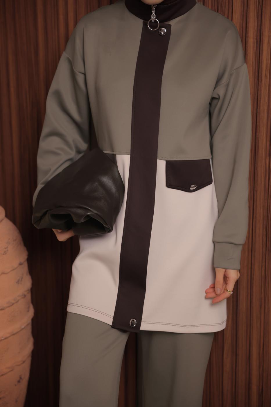 Tesettür giyim KAHVE PANTOLONLU SCUBA ÖRME TAKIM T 3435