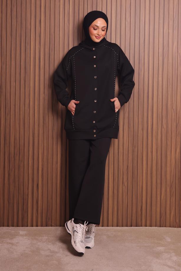 Tesettür giyim SİYAH PANTOLONLU KAPÜŞONLU TAKIM T 3935 - TRENDTESETTÜR
