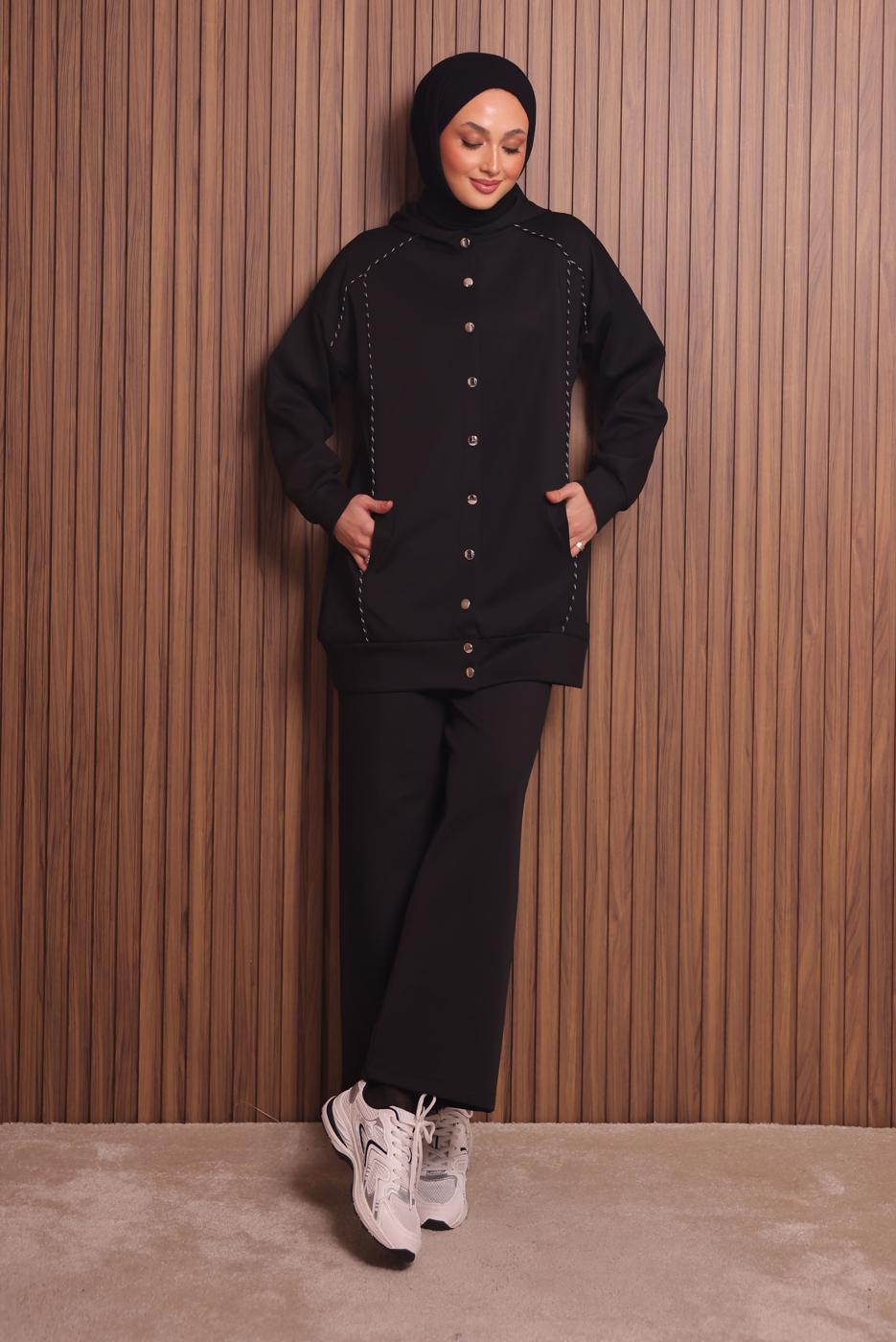 Tesettür giyim SİYAH PANTOLONLU KAPÜŞONLU TAKIM T 3935