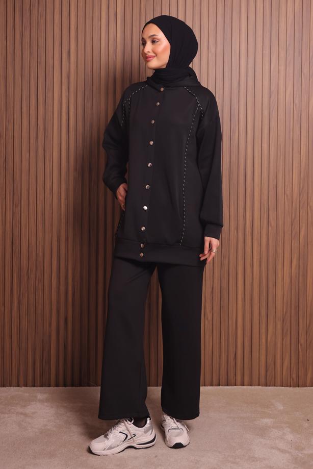 Tesettür giyim SİYAH PANTOLONLU KAPÜŞONLU TAKIM T 3935 - TRENDTESETTÜR