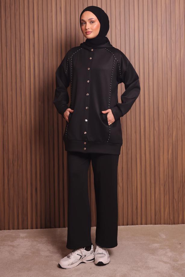 Tesettür giyim SİYAH PANTOLONLU KAPÜŞONLU TAKIM T 3935 - TRENDTESETTÜR