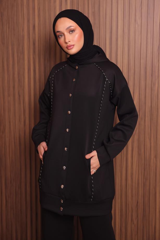 Tesettür giyim SİYAH PANTOLONLU KAPÜŞONLU TAKIM T 3935 - TRENDTESETTÜR